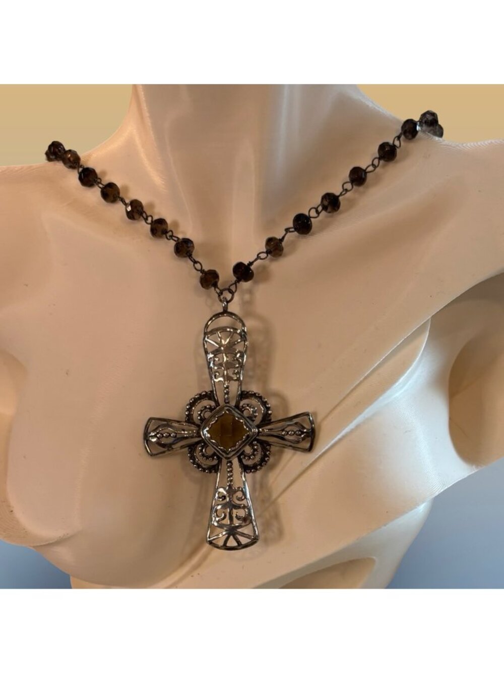 Silpada Marquessa 925 Sterling Silver And Smoky Quartz Cross Necklace Statement
